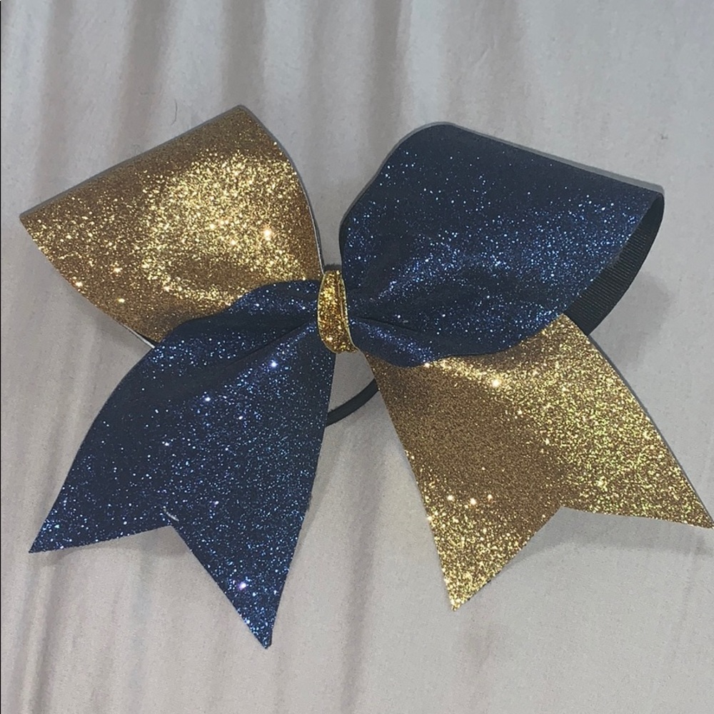 Blue and gold thick cheer bow
